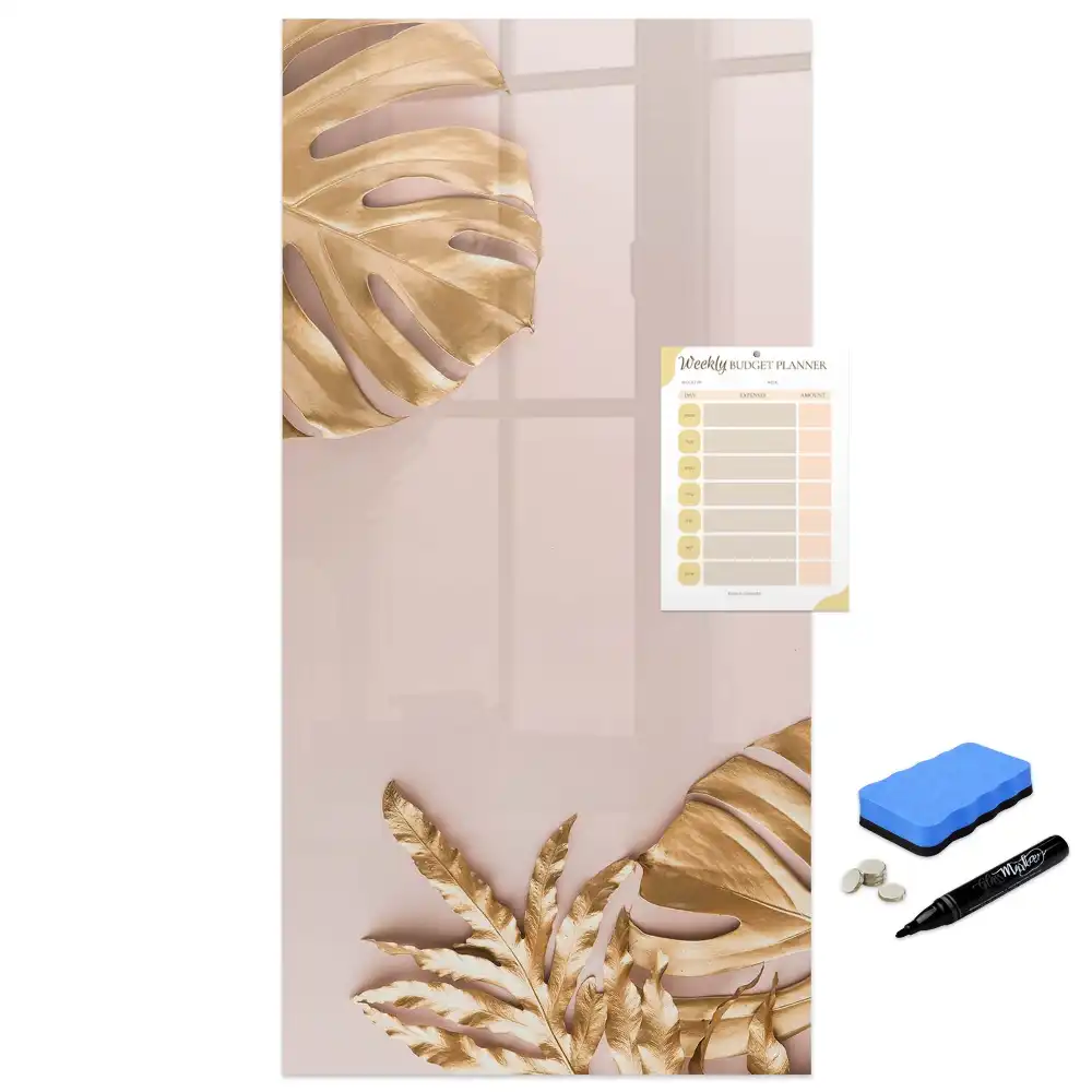 Tableau blanc magnétique effaçable à sec à motifs de feuilles dorées