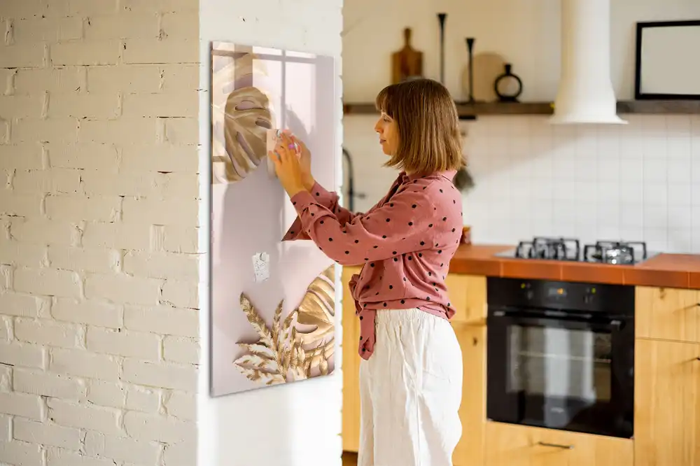 Tableau blanc magnétique effaçable à sec à motifs de feuilles dorées
