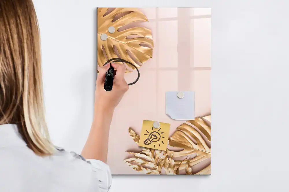 Tableau blanc magnétique effaçable à sec à motifs de feuilles dorées