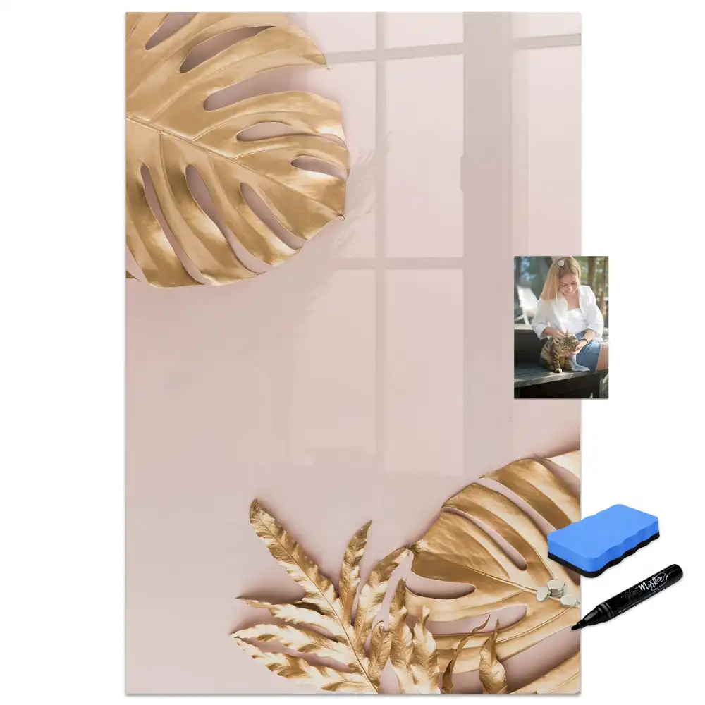 Tableau blanc magnétique effaçable à sec à motifs de feuilles dorées