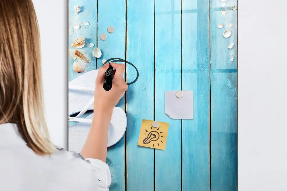 Tableau magnétique de dessin pour enfants motif terrasse de plage bleue