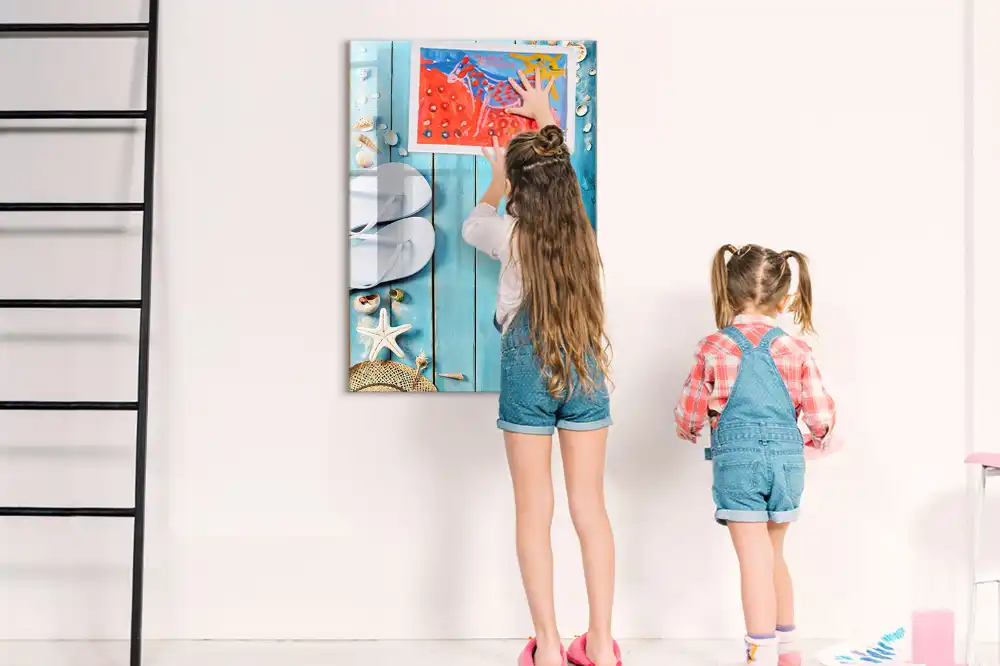 Tableau magnétique de dessin pour enfants motif terrasse de plage bleue