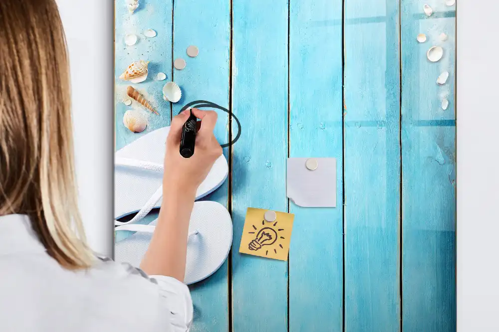 Tableau magnétique de dessin pour enfants motif terrasse de plage bleue