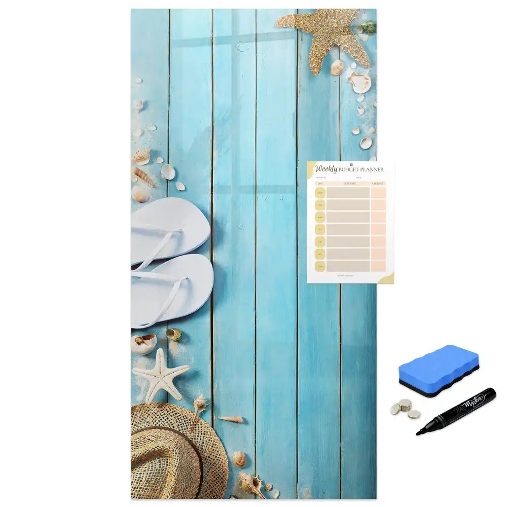 Tableau magnétique de dessin pour enfants motif terrasse de plage bleue