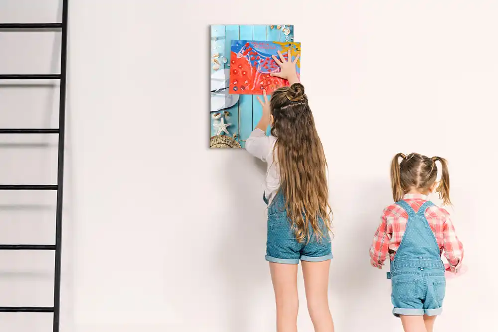 Tableau magnétique de dessin pour enfants motif terrasse de plage bleue