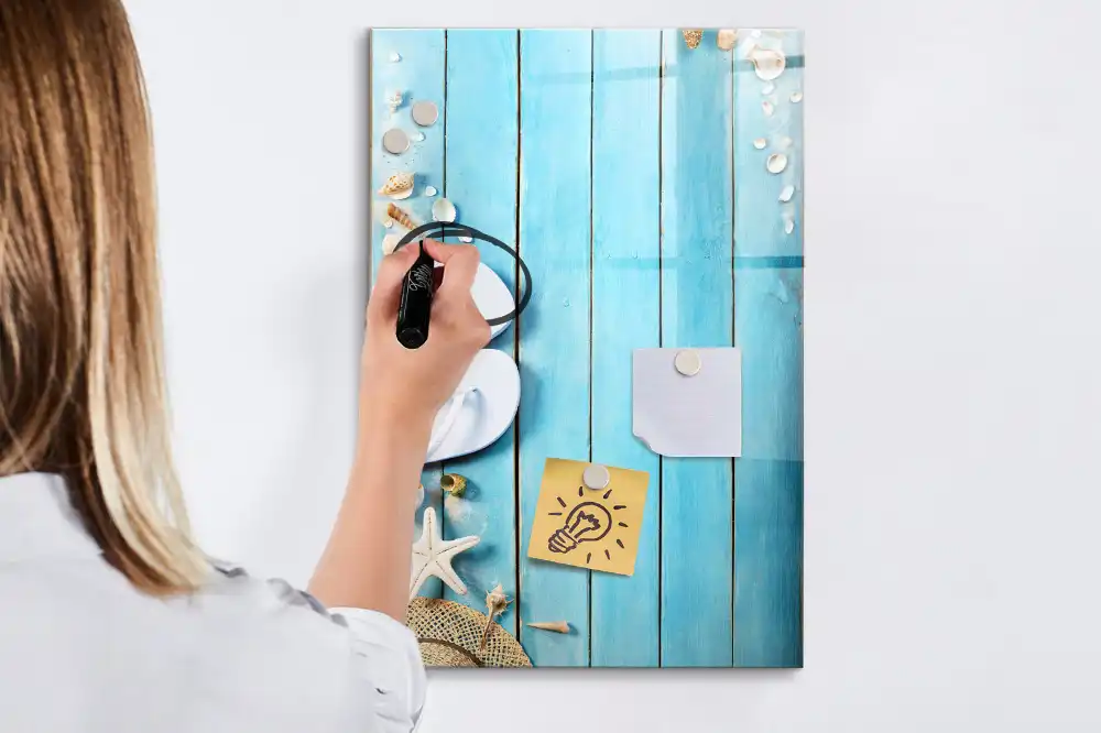 Tableau magnétique de dessin pour enfants motif terrasse de plage bleue