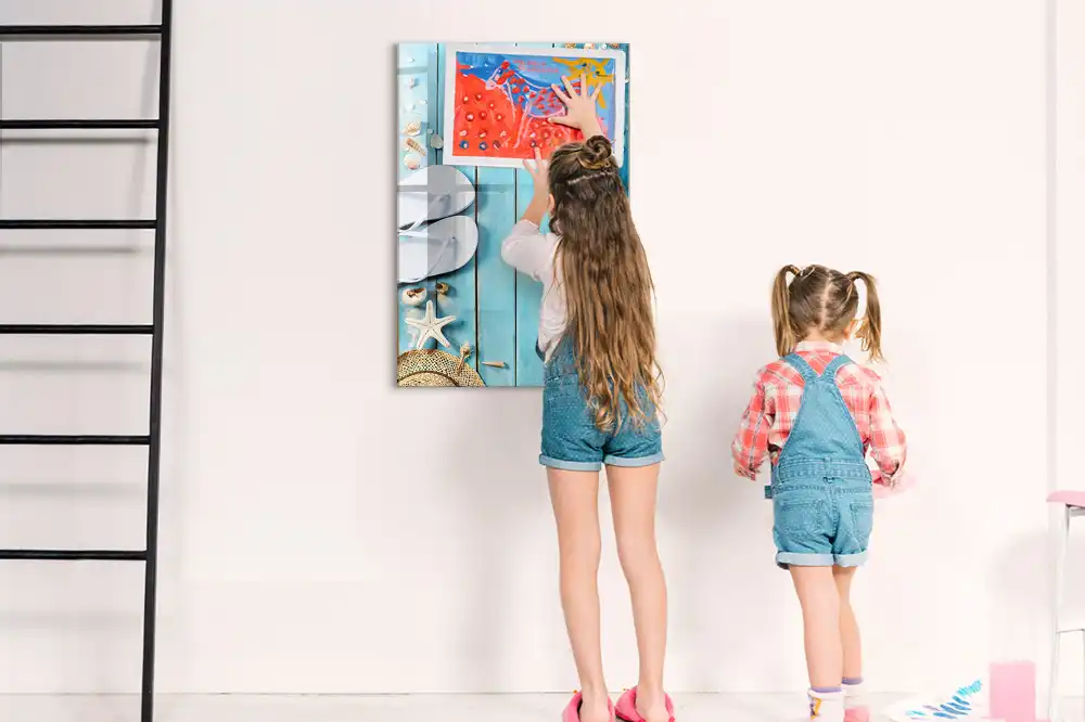 Tableau magnétique de dessin pour enfants motif terrasse de plage bleue
