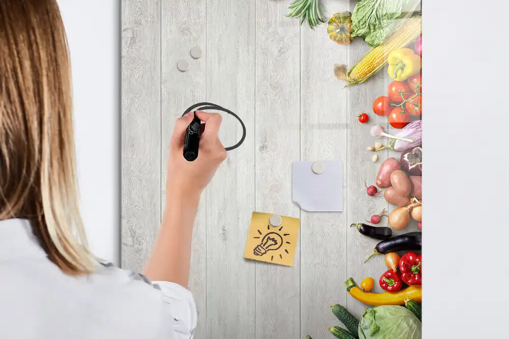 Tableau magnétique pour écriture sur légumes avec support comptoir en bois