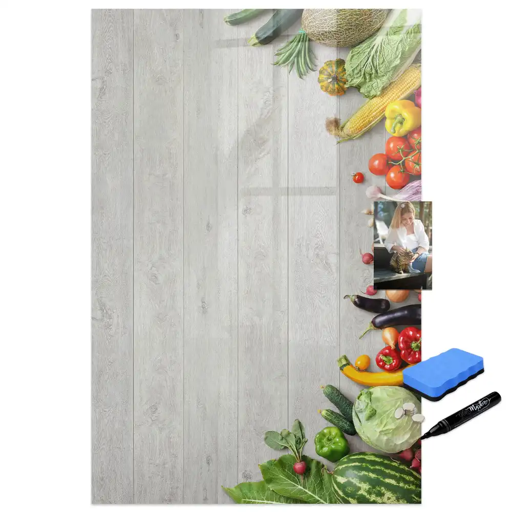 Tableau magnétique pour écriture sur légumes avec support comptoir en bois