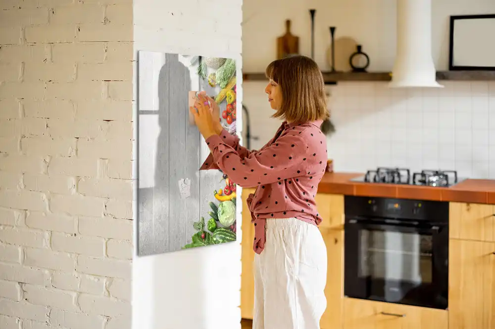 Tableau magnétique pour écriture sur légumes avec support comptoir en bois