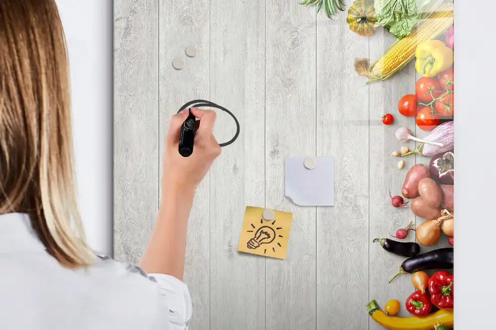 Tableau magnétique pour écriture sur légumes avec support comptoir en bois