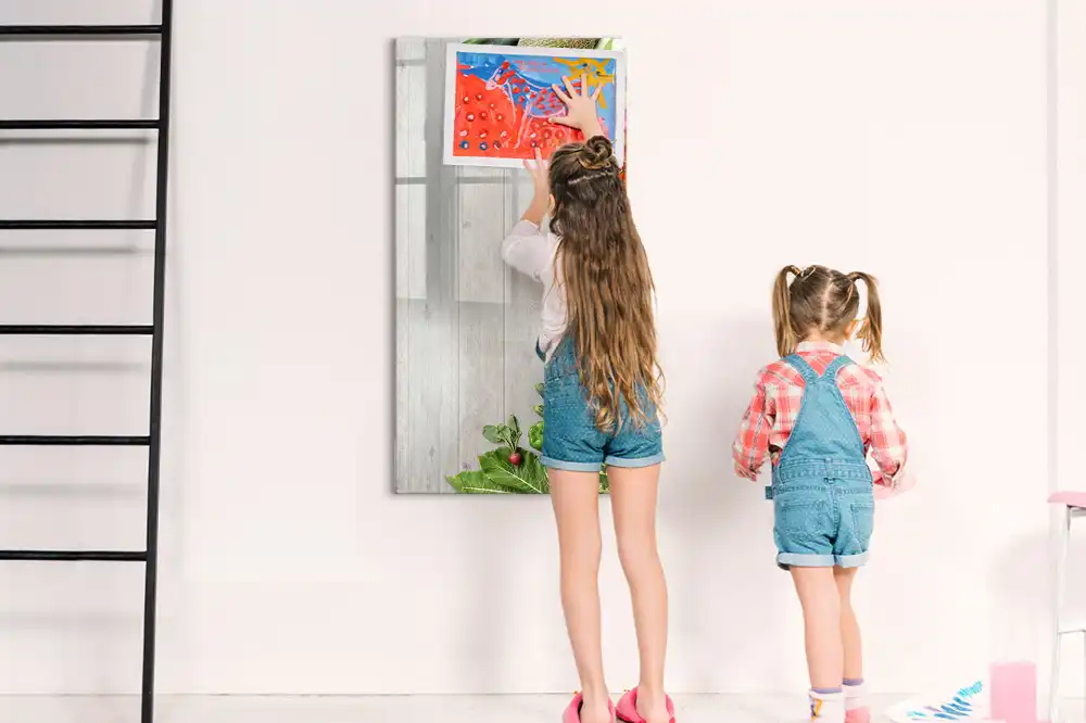 Tableau magnétique pour écriture sur légumes avec support comptoir en bois