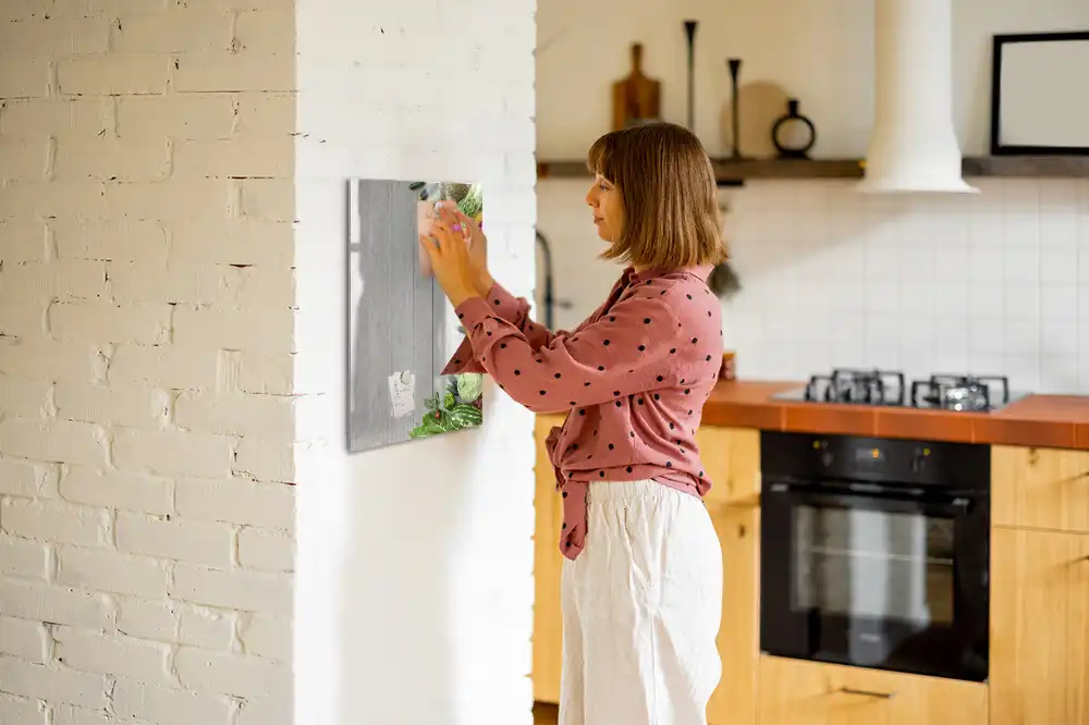 Tableau magnétique pour écriture sur légumes avec support comptoir en bois