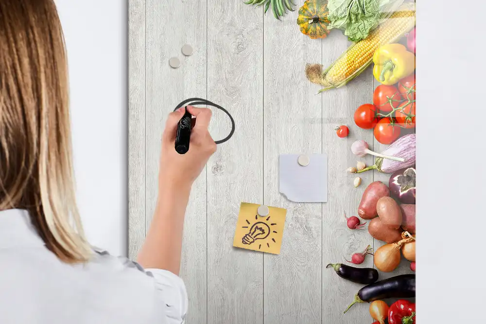 Tableau magnétique pour écriture sur légumes avec support comptoir en bois
