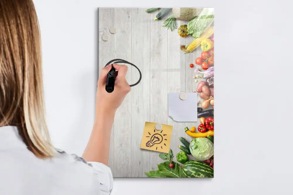Tableau magnétique pour écriture sur légumes avec support comptoir en bois