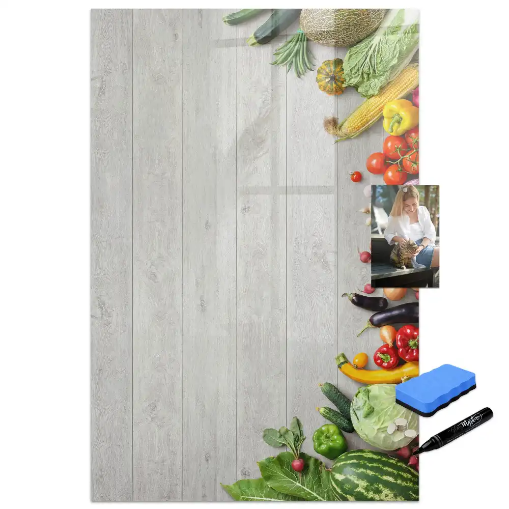 Tableau magnétique pour écriture sur légumes avec support comptoir en bois