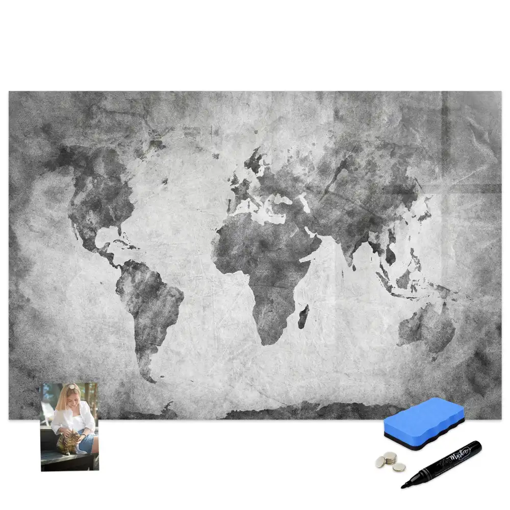 Tableau blanc magnétique effaçable à sec avec grille géographique mondiale