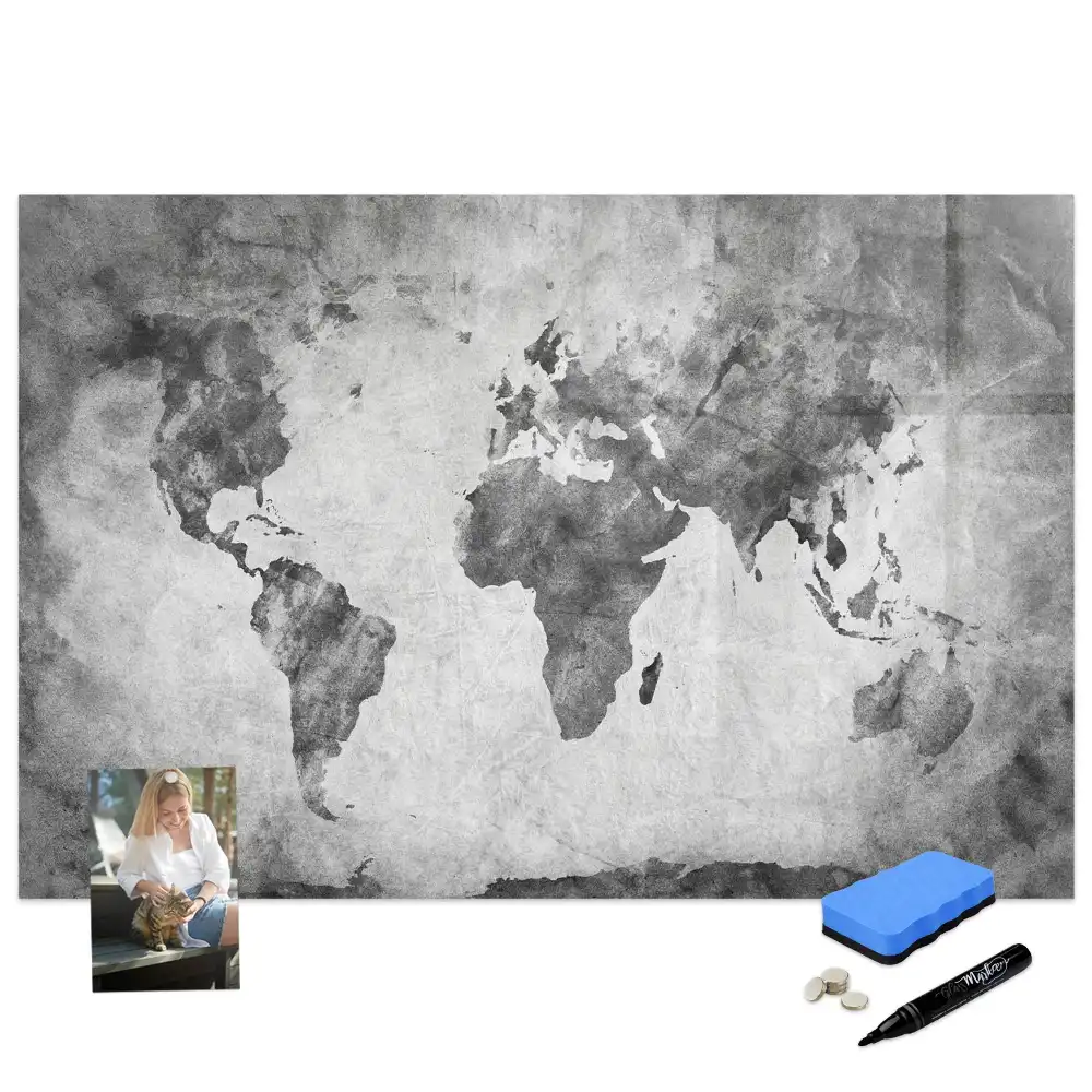 Tableau blanc magnétique effaçable à sec avec grille géographique mondiale