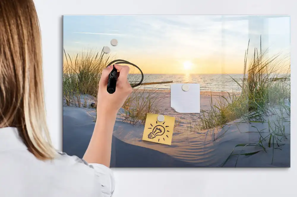Tableau blanc magnétique effaçable à sec avec motif plage au coucher du soleil