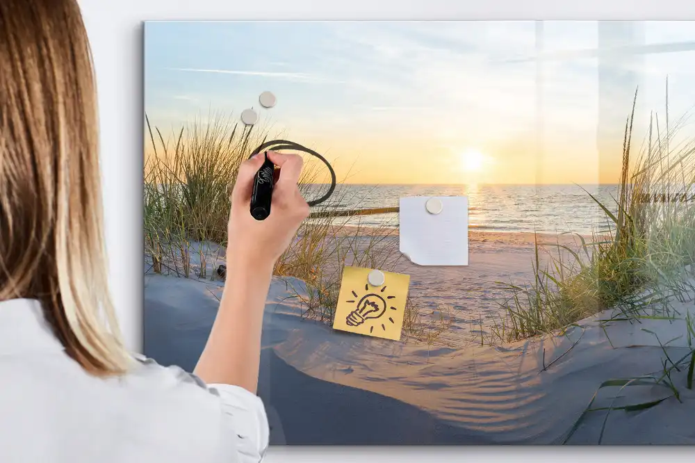 Tableau blanc magnétique effaçable à sec avec motif plage au coucher du soleil