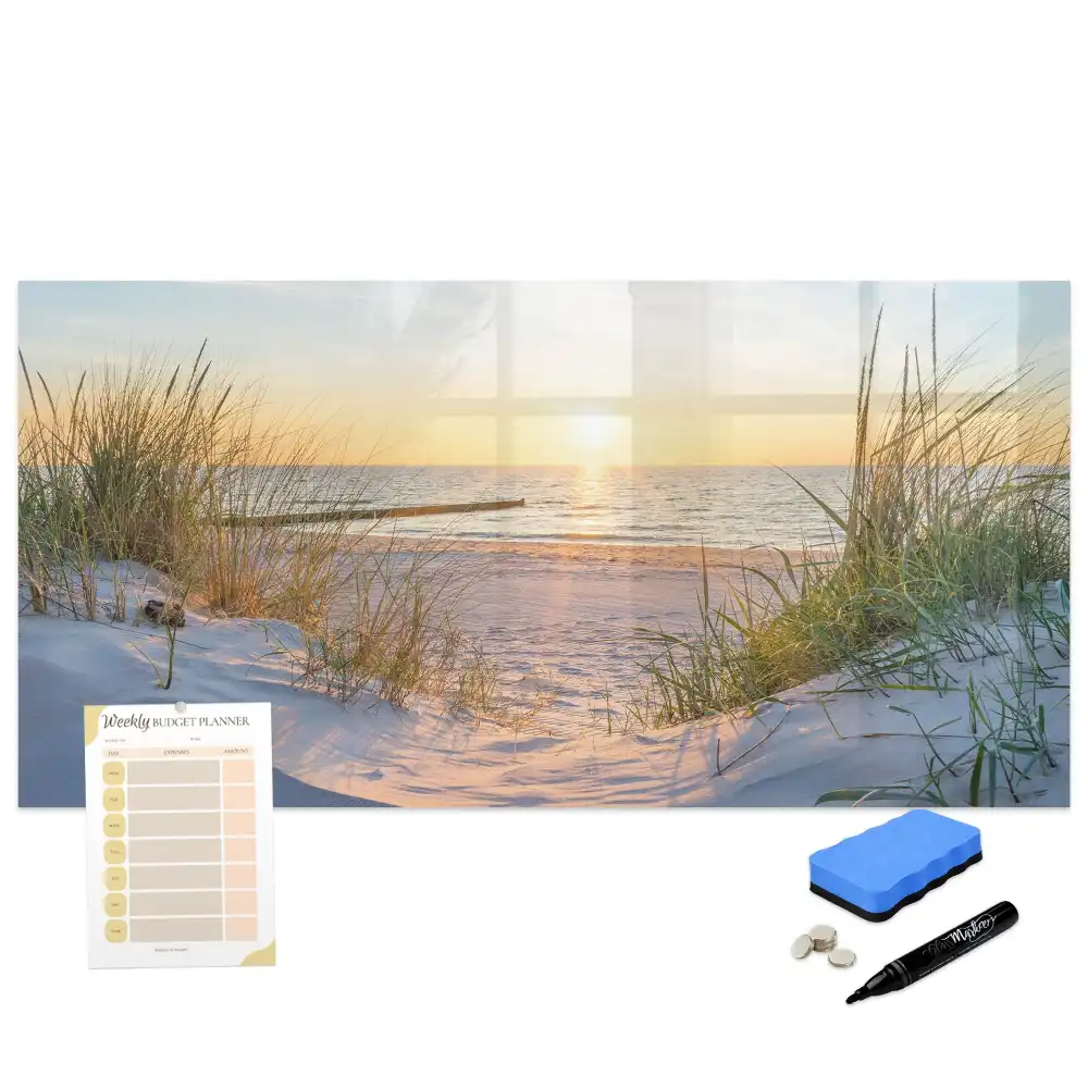 Tableau blanc magnétique effaçable à sec avec motif plage au coucher du soleil