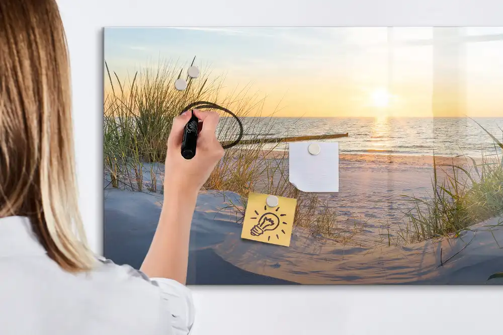 Tableau blanc magnétique effaçable à sec avec motif plage au coucher du soleil