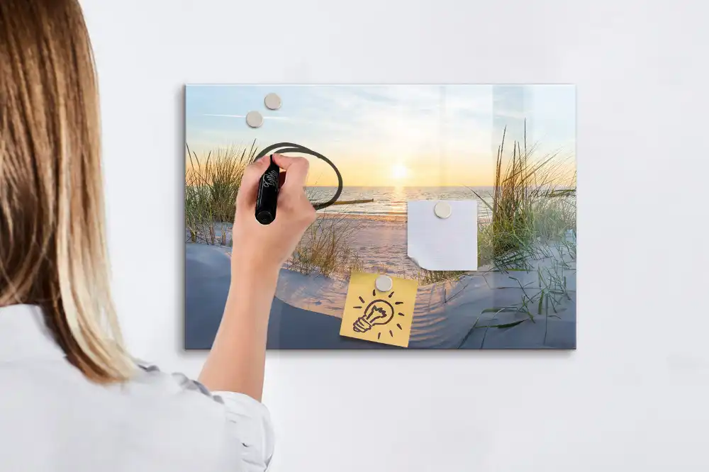 Tableau blanc magnétique effaçable à sec avec motif plage au coucher du soleil