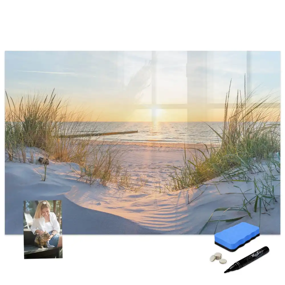 Tableau blanc magnétique effaçable à sec avec motif plage au coucher du soleil