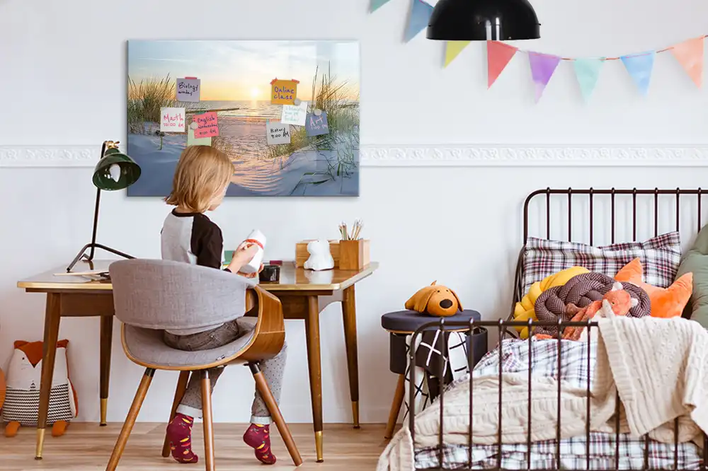 Tableau blanc magnétique effaçable à sec avec motif plage au coucher du soleil