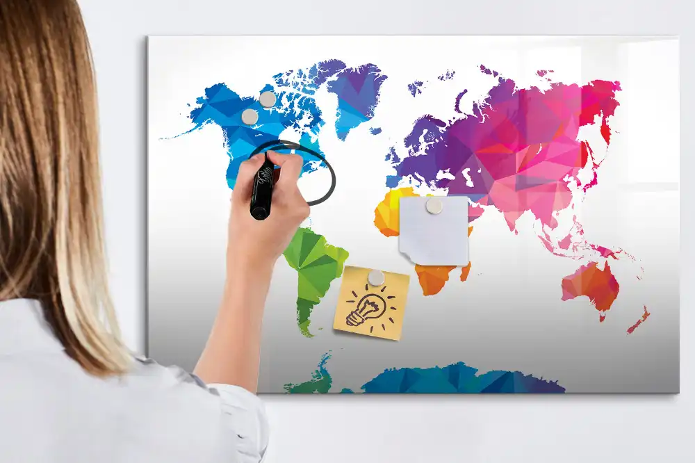 Tableau blanc magnétique effaçable à sec motif carte du monde abstraite