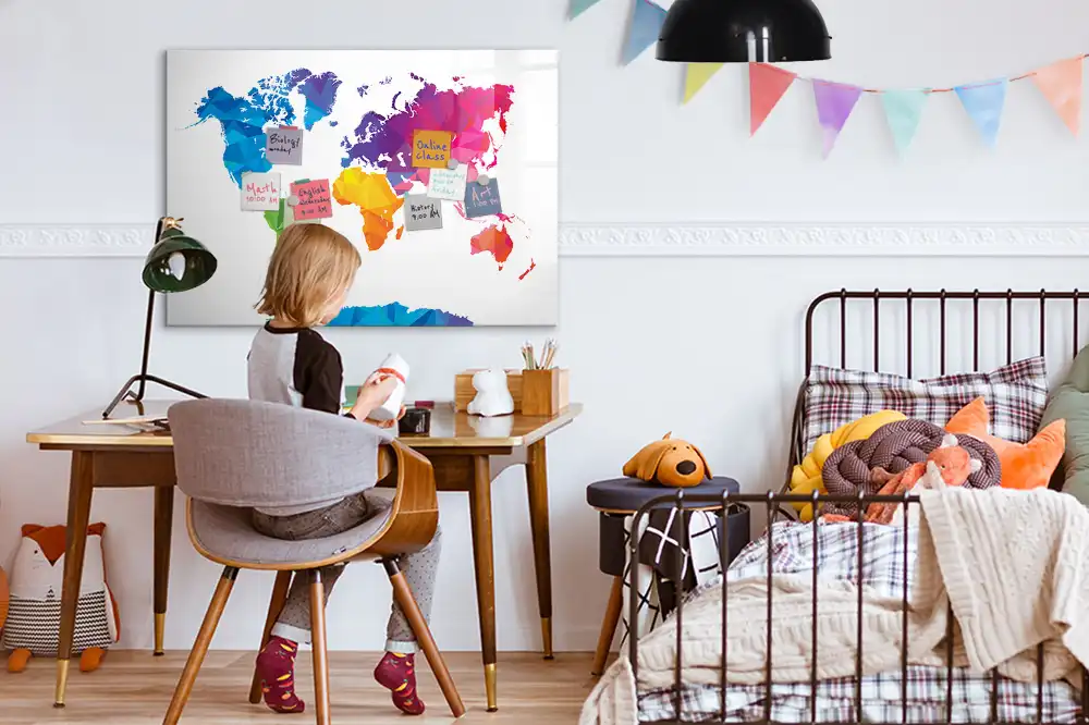Tableau blanc magnétique effaçable à sec motif carte du monde abstraite