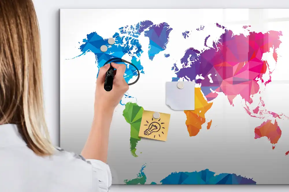 Tableau blanc magnétique effaçable à sec motif carte du monde abstraite