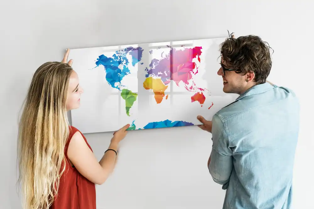 Tableau blanc magnétique effaçable à sec motif carte du monde abstraite