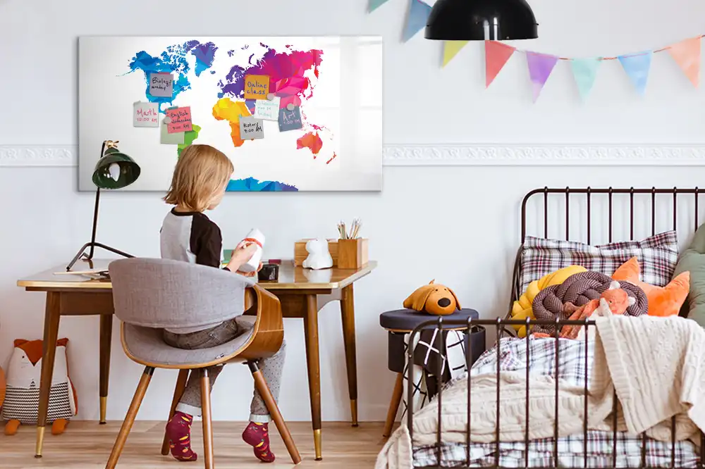 Tableau blanc magnétique effaçable à sec motif carte du monde abstraite