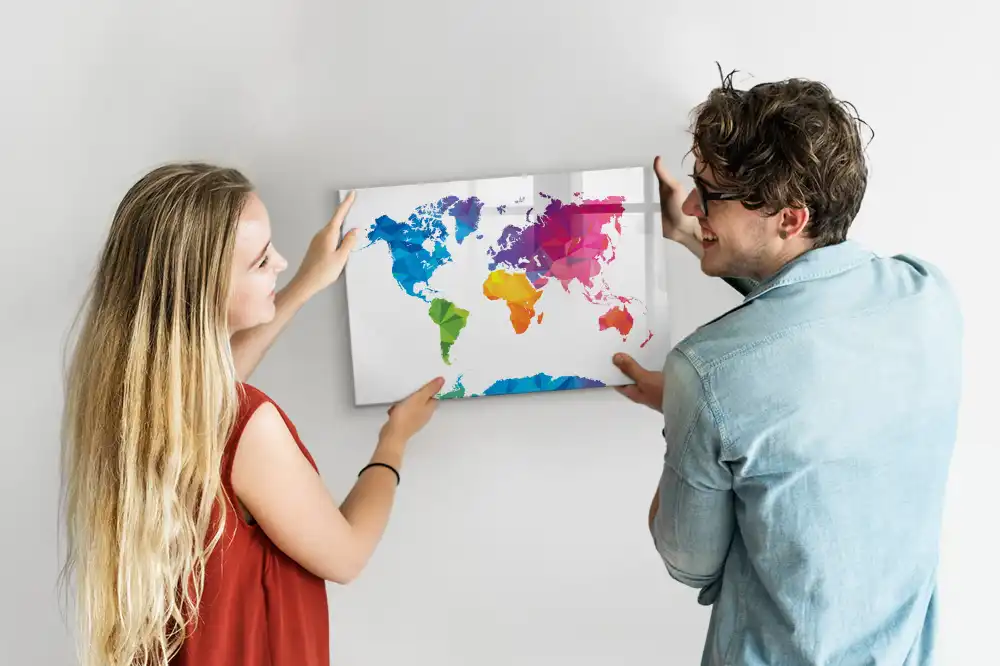 Tableau blanc magnétique effaçable à sec motif carte du monde abstraite