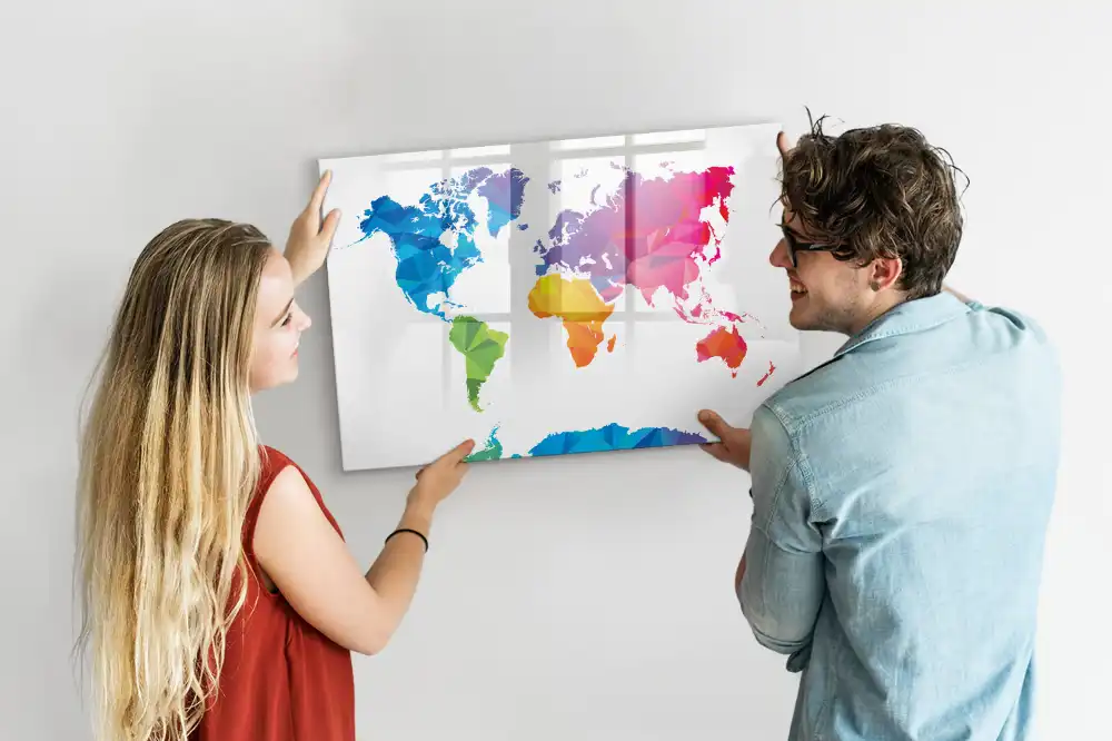 Tableau blanc magnétique effaçable à sec motif carte du monde abstraite