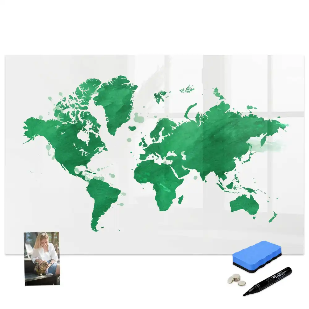 Tableau blanc magnétique effaçable à sec avec carte du monde verte