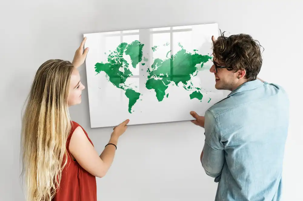 Tableau blanc magnétique effaçable à sec avec carte du monde verte