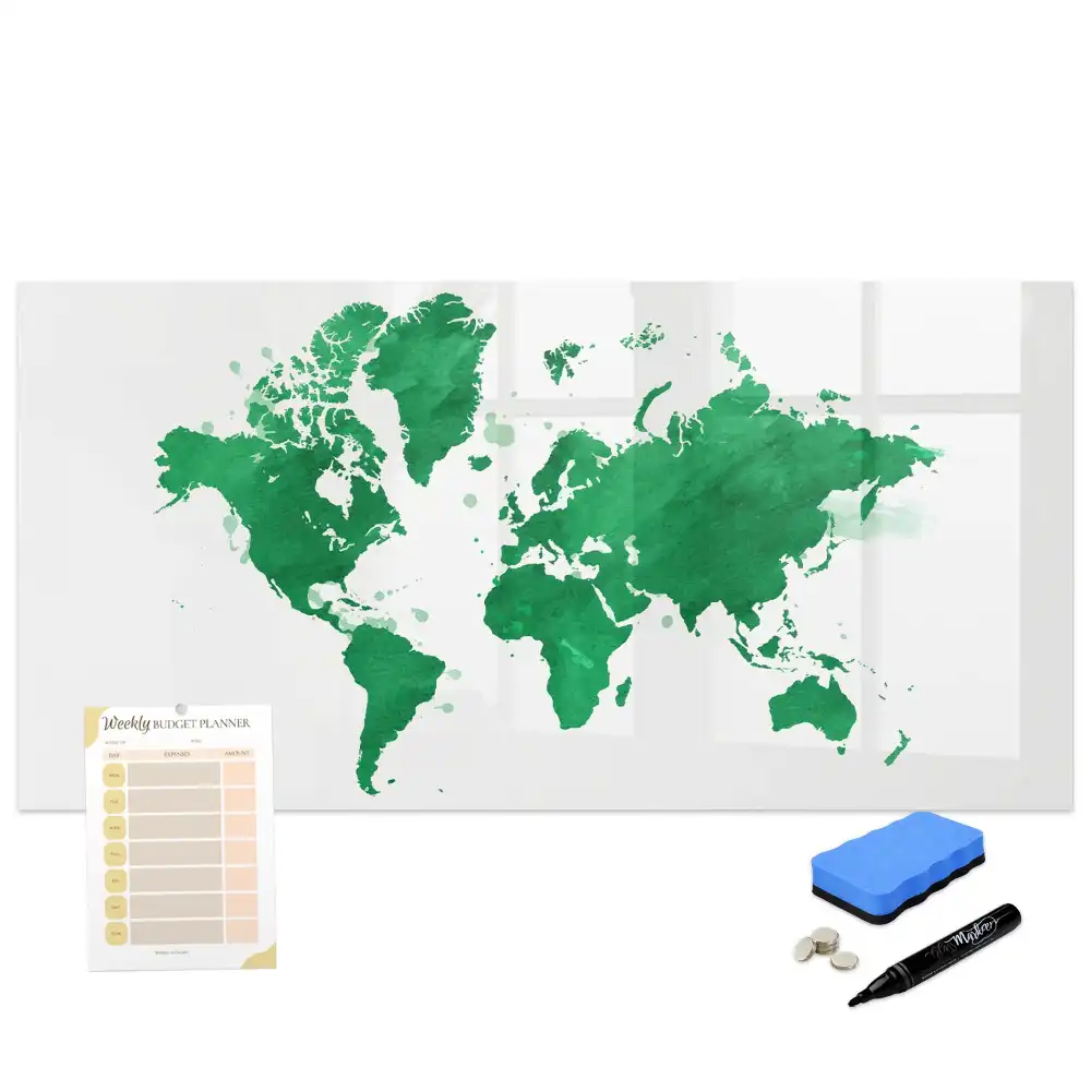 Tableau blanc magnétique effaçable à sec avec carte du monde verte