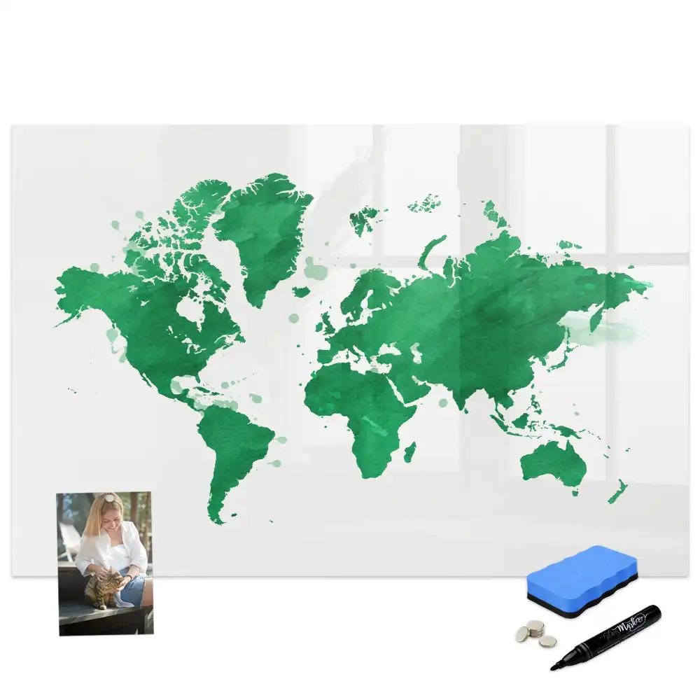 Tableau blanc magnétique effaçable à sec avec carte du monde verte