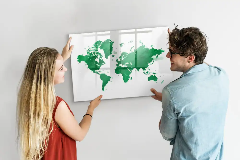 Tableau blanc magnétique effaçable à sec avec carte du monde verte