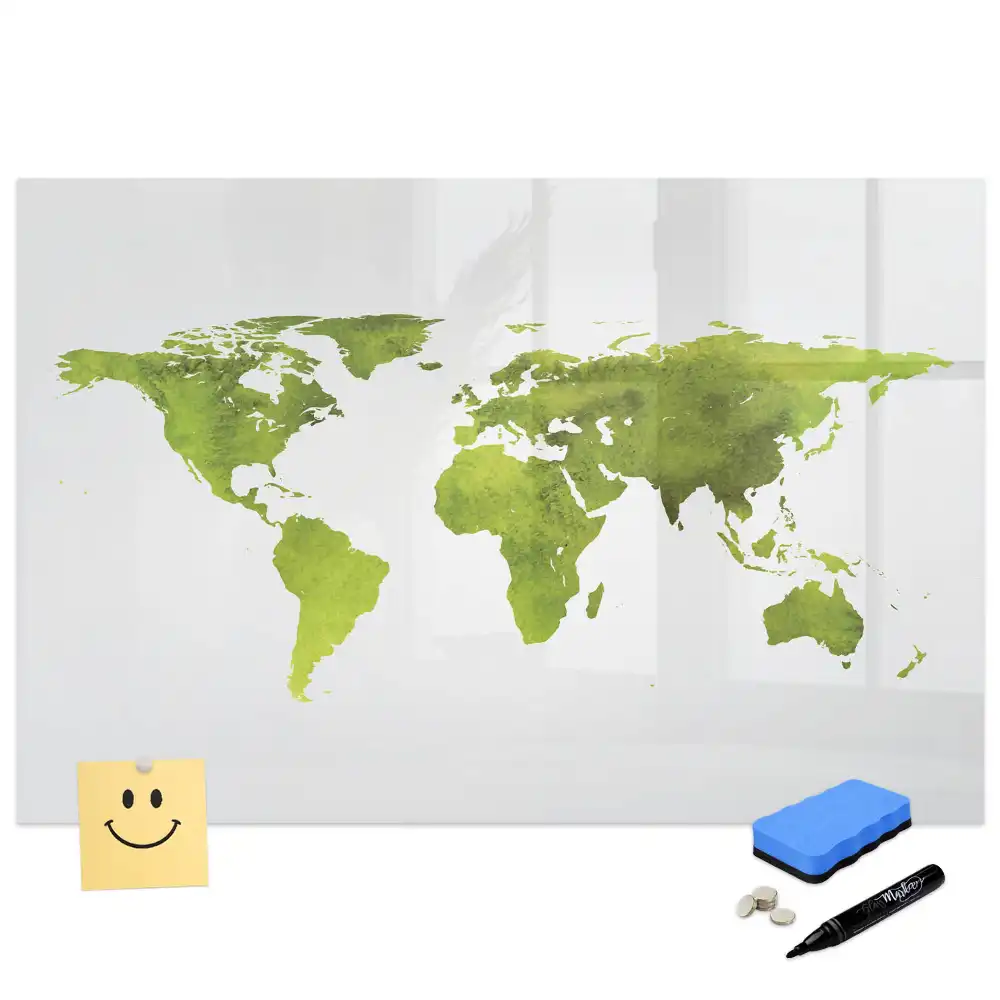 Tableau blanc magnétique effaçable à sec avec motif de carte du monde aquarelle