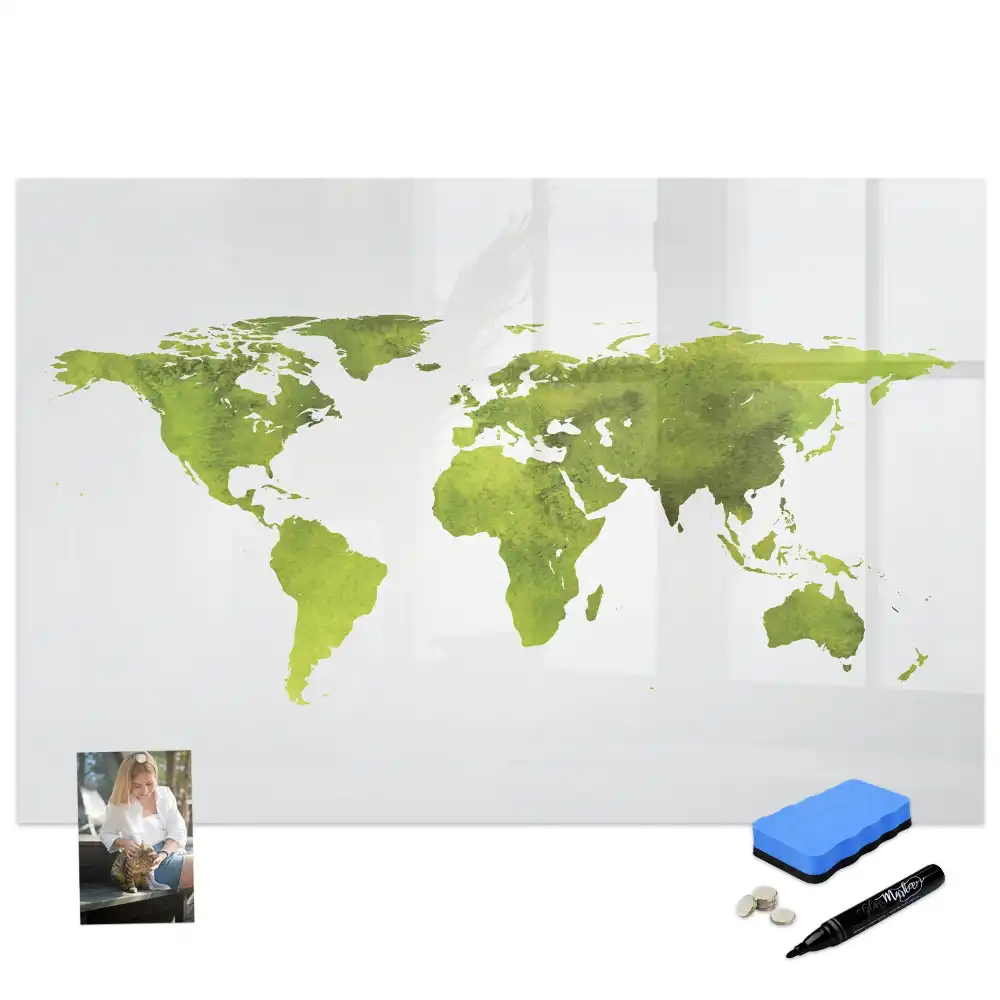Tableau blanc magnétique effaçable à sec avec motif de carte du monde aquarelle