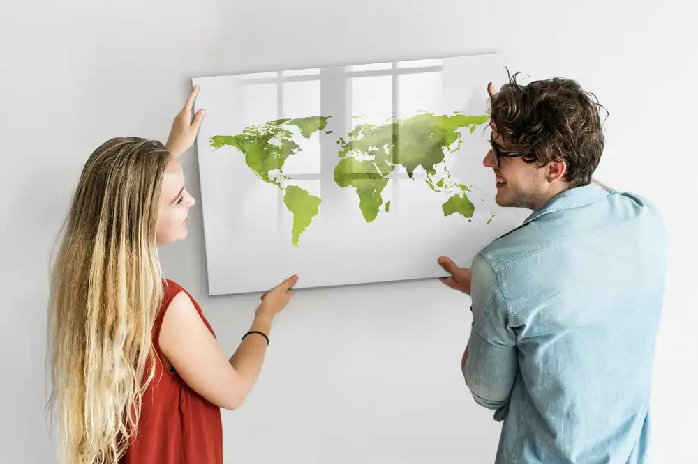 Tableau blanc magnétique effaçable à sec avec motif de carte du monde aquarelle