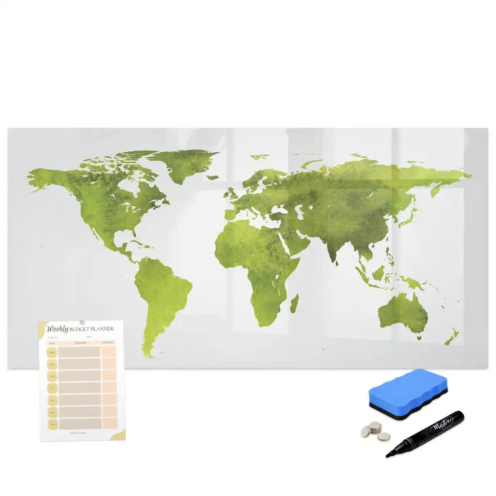 Tableau blanc magnétique effaçable à sec avec motif de carte du monde aquarelle