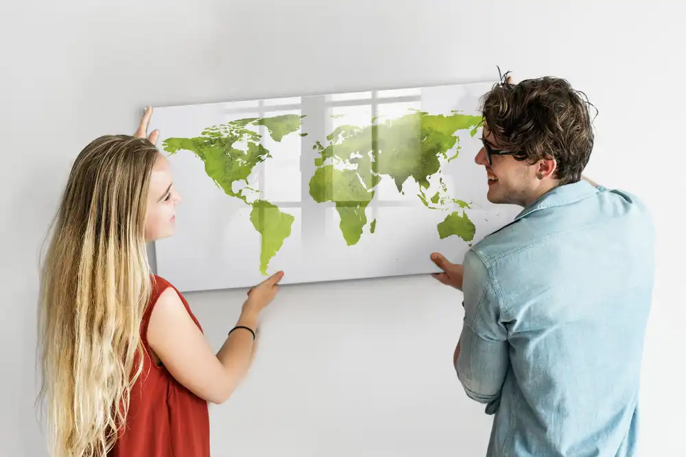 Tableau blanc magnétique effaçable à sec avec motif de carte du monde aquarelle