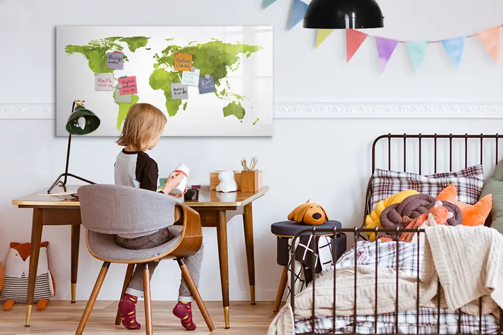 Tableau blanc magnétique effaçable à sec avec motif de carte du monde aquarelle