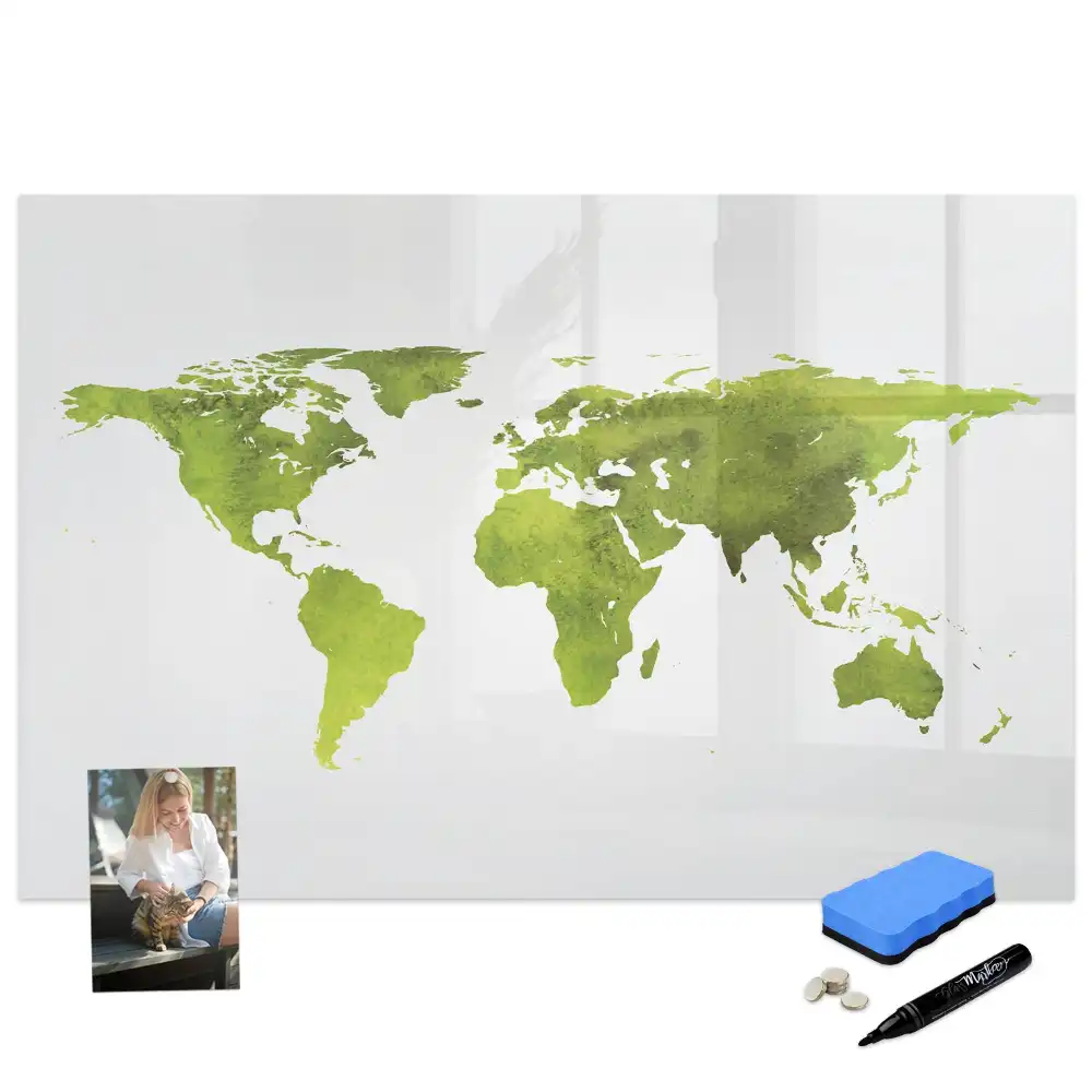 Tableau blanc magnétique effaçable à sec avec motif de carte du monde aquarelle