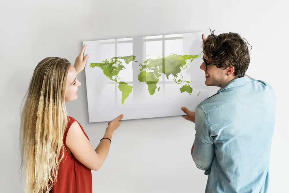 Tableau blanc magnétique effaçable à sec avec motif de carte du monde aquarelle