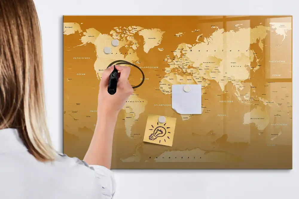Tableau blanc magnétique effaçable à sec avec carte du monde moderne